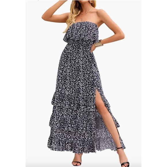 Boho Printed Tiered Ruffle‎ Strapless Layered Flowy Long Summer Maxi Dress - Picture 5 of 6